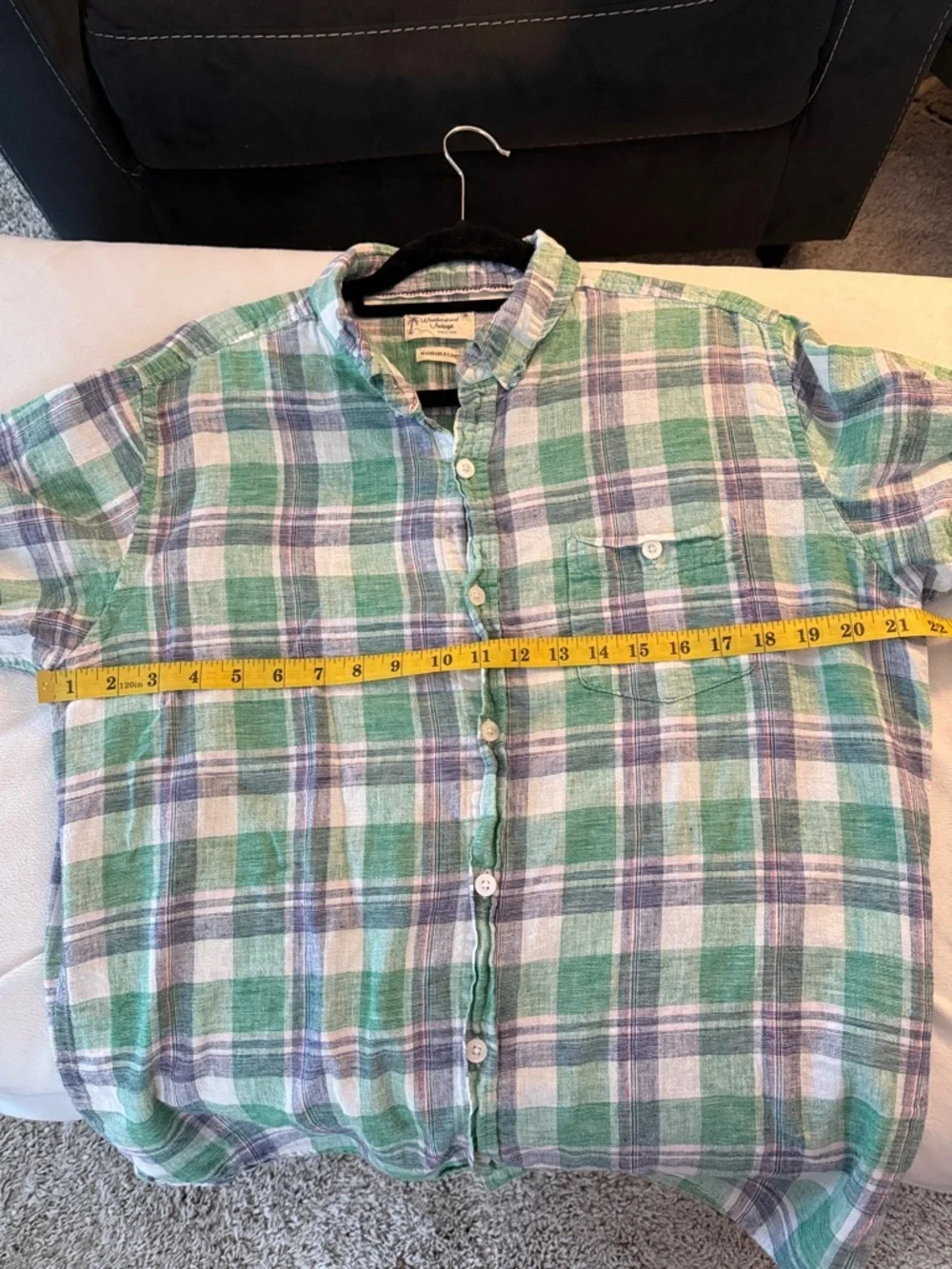 Weatherproof washable linen Plaid Short Sleeve Button-Down Shirt casual beach Lg